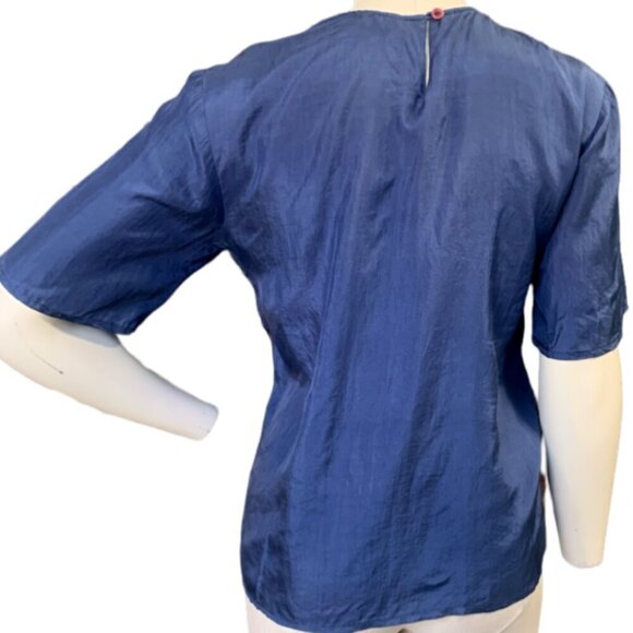 Jonathan Martin Silk Short Sleeve Crew Neck Tee Top Blouse Sz S Navy Blue 3A - Picture 4 of 7